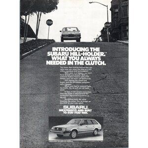 1981 Subaru 4 Door Wagon Vintage Print Ad Hill Holder Clutch Stop Sign Wall Art